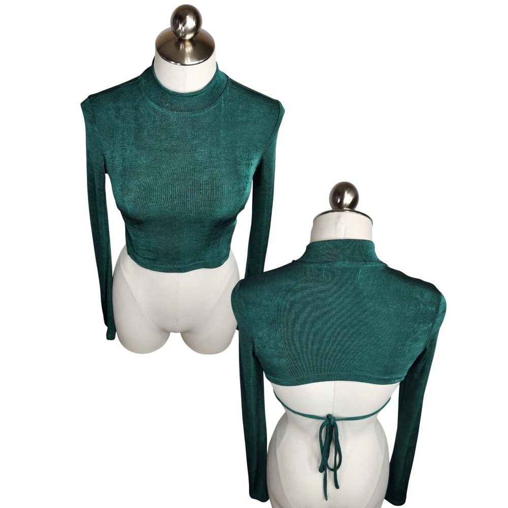 Motel Crop Top Women S Green Open Back Tie Long Sleeve Mock Neck Slinky